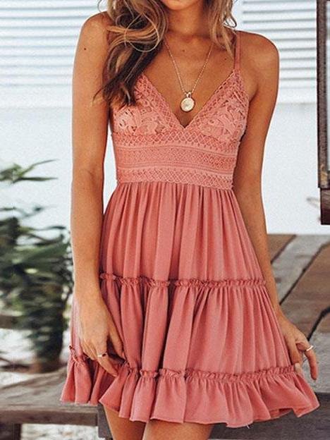 Womens V-Neck Spaghetti Strap Bowknot Backless Sleeveless Lace Mini Swing Dress - Mini Dresses - INS | Online Fashion Free Shipping Clothing, Dresses, Tops, Shoes - 14/05/2021 - 140521 - Color_Pink