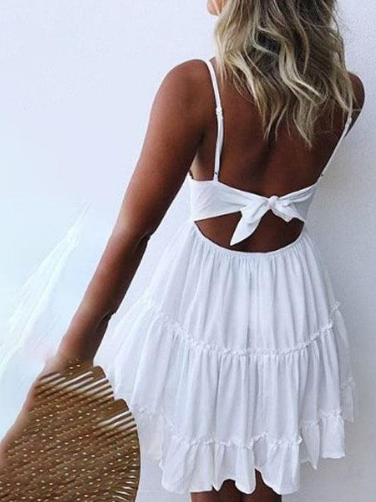 Womens V-Neck Spaghetti Strap Bowknot Backless Sleeveless Lace Mini Swing Dress - Mini Dresses - INS | Online Fashion Free Shipping Clothing, Dresses, Tops, Shoes - 14/05/2021 - 140521 - Color_Pink