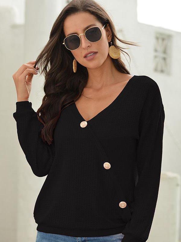 Women's V-neck Waffle Long T-shirt - INS | Online Fashion Free Shipping Clothing, Dresses, Tops, Shoes