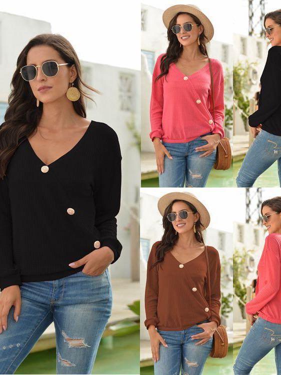 Women's V-neck Waffle Long T-shirt - INS | Online Fashion Free Shipping Clothing, Dresses, Tops, Shoes