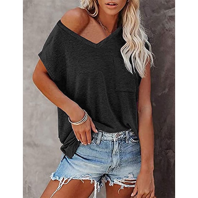 Women's T-shirts V-neck Loose Solid Color Casual Short Sleeve Tops