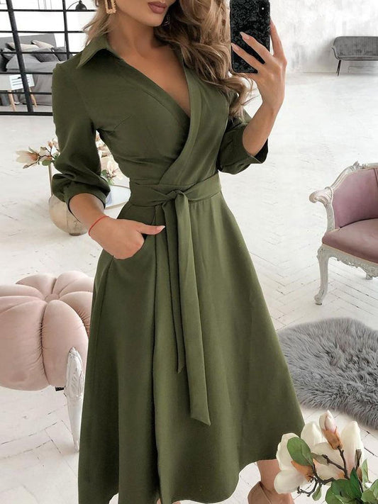 Wrap Design Plain Long Sleeve Flared Dress - Midi Dresses - INS | Online Fashion Free Shipping Clothing, Dresses, Tops, Shoes - 30/04/2021 - Color_Army Green - Color_Black