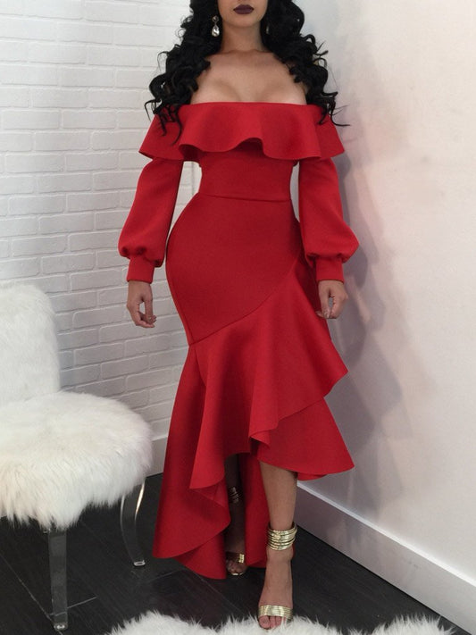 Wrapped One-Shoulder Ruffled Long Sleeve Dress - Maxi Dresses - INS | Online Fashion Free Shipping Clothing, Dresses, Tops, Shoes - 22/07/2021 - 30-40 - Category_Maxi Dresses