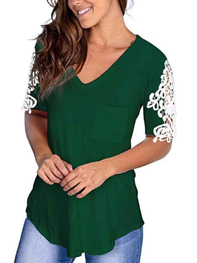 Women's T-shirts Lace Patchwork Sleeve V-neck Pocket Casual Pullover Tops