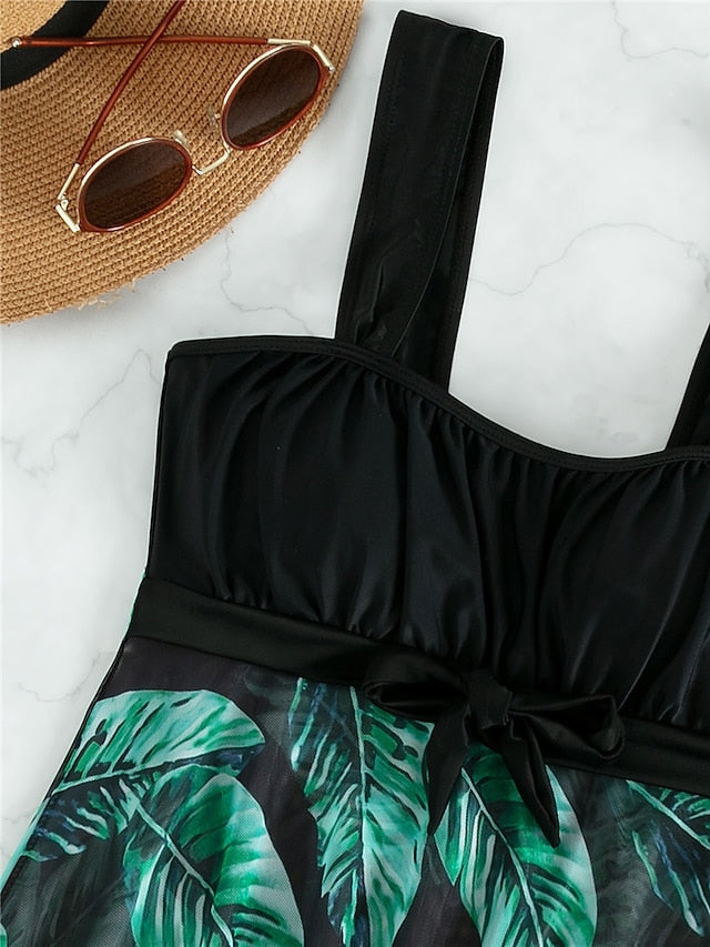 Women's Swimwear Tankini Two Piece Open Back Green Camisole Strap Swimsuit