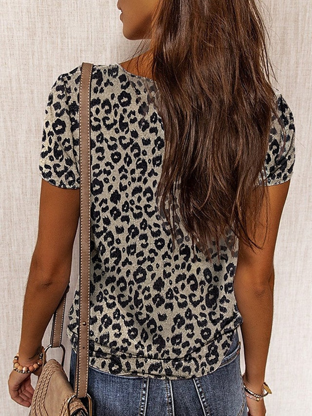 Women's T-shirts Camouflage Leopard Print V-neck Short Sleeve Casual Tops