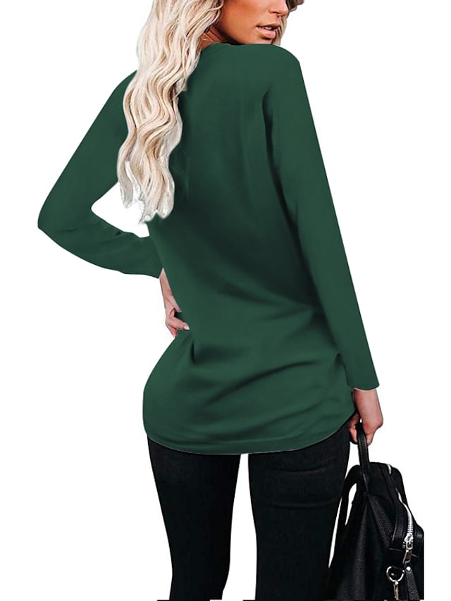 Women's T-Shirt With Pocket Plain V-Neck Solid Color Long Sleeeve Tops