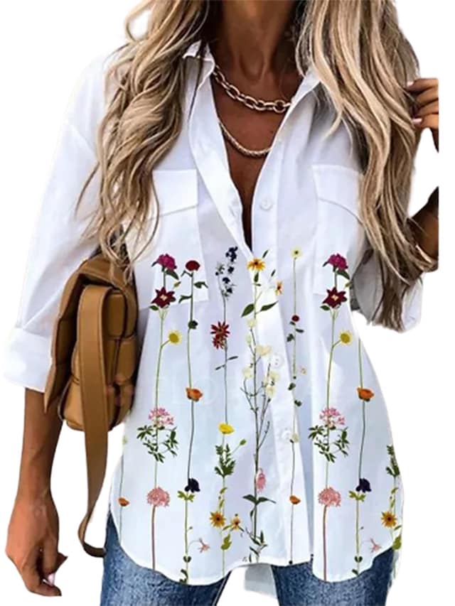 Women's White Shirts Floral Print Single Breasted Pockets Casual Tops