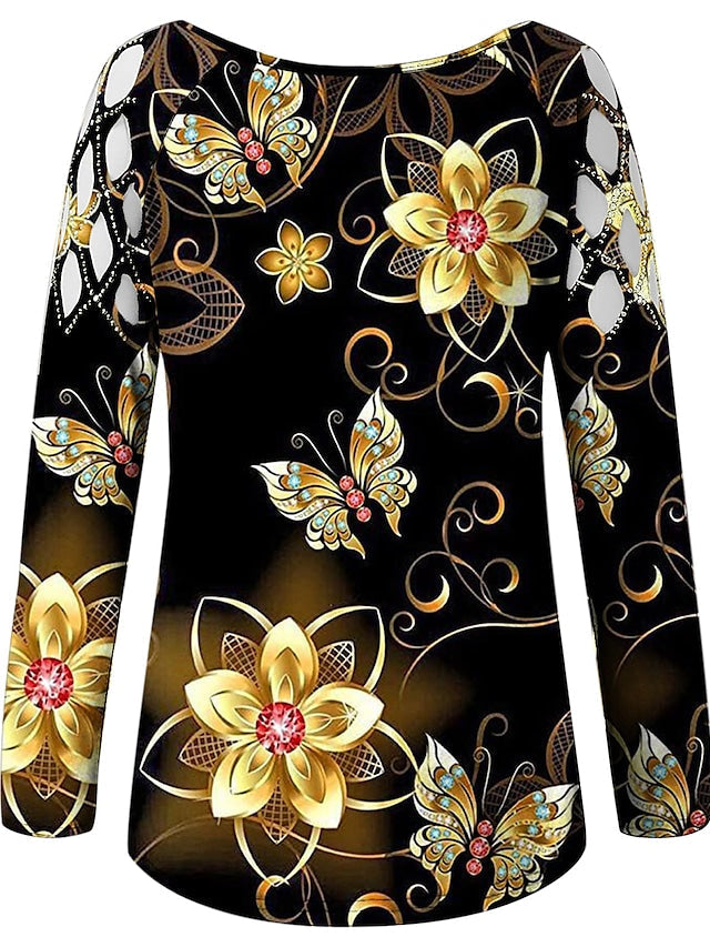 Women's T-shirt Butterfly 3D Printed Painting Cut Out Round Neck Tops