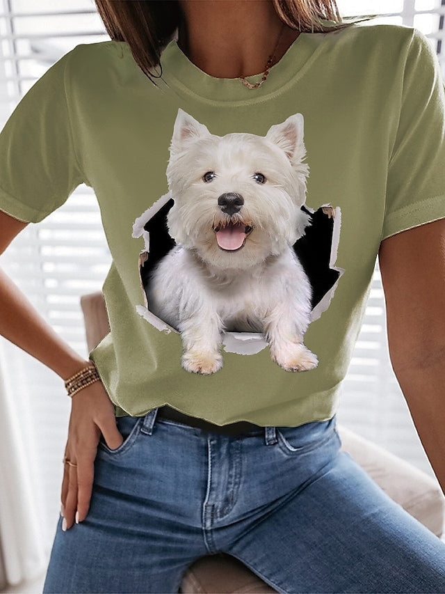 Women's T-shirt Cute 3D Dog Printed Round Neck Casual Tops