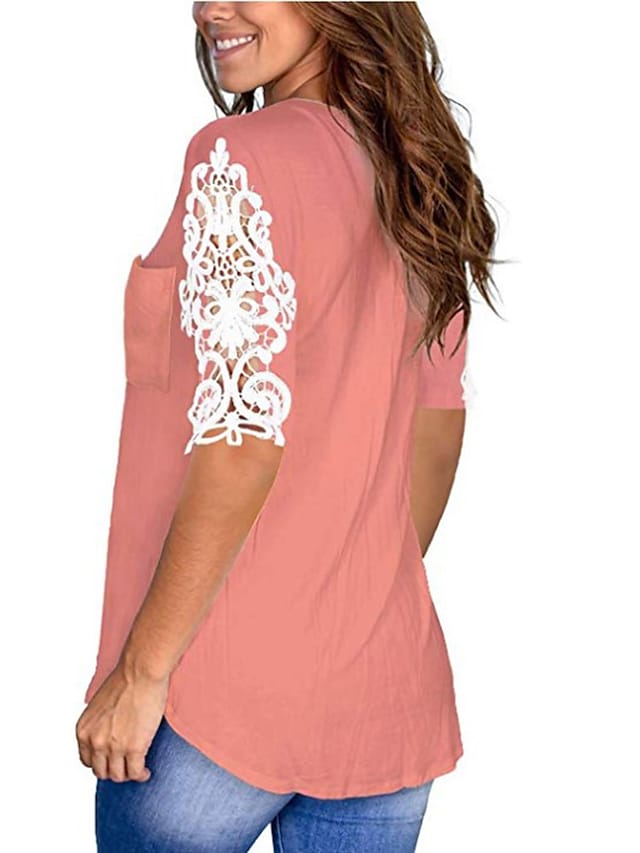 Women's T-shirts Lace Patchwork Sleeve V-neck Pocket Casual Pullover Tops