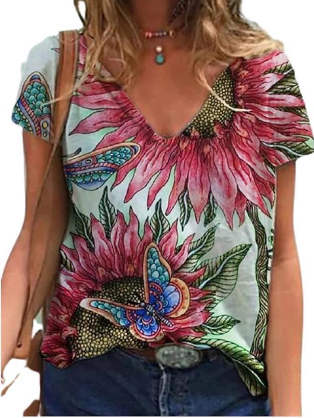 Women's T-shirts Floral Abstract Printed V-neck Short Sleeve Loose Tops