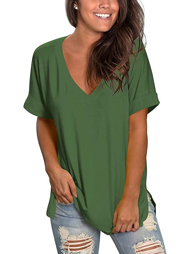 Women's T-shirt Plain V-Neck Solid Color Short Sleeve Basic Tops