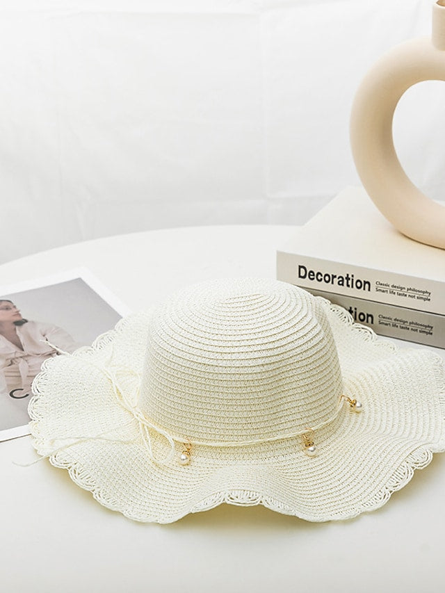 Women's Stylish Sun Hat Pure Color Lace-Up Pearl Large Wave Brim UV Protection Straw Hat