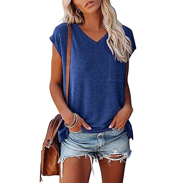 Women's T-shirts V-neck Loose Solid Color Casual Short Sleeve Tops