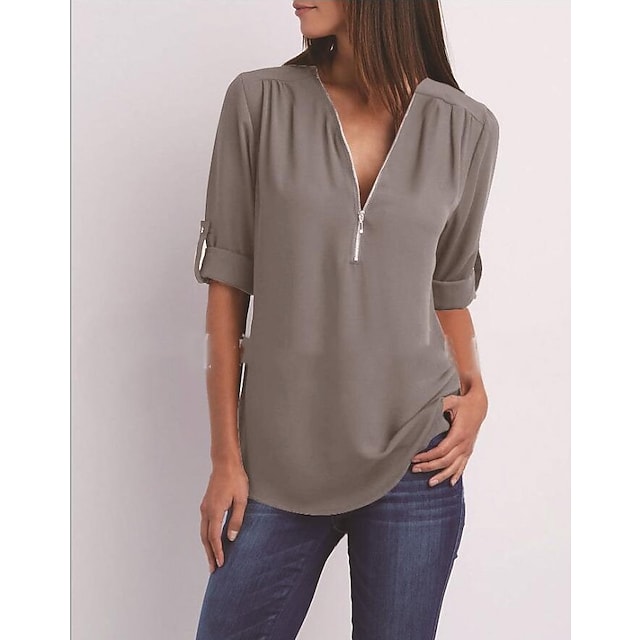 Women's T-shirt V-Neck Short Sleeve Solid Color Zipper Basic Daily Top