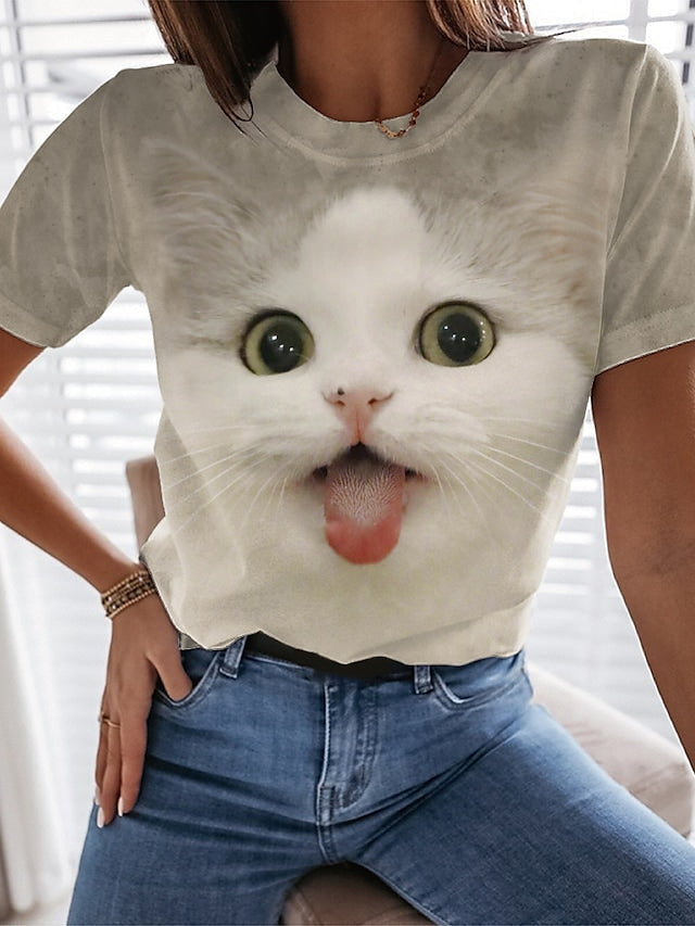 Women's T-shirt Cat Pattern Round Neck Short Sleeve Regular Fit Tops