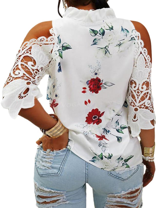 Women's Tops Floral Print 3/4 Length Sleeve V-Neck Off Shoulder Plus Size Tops