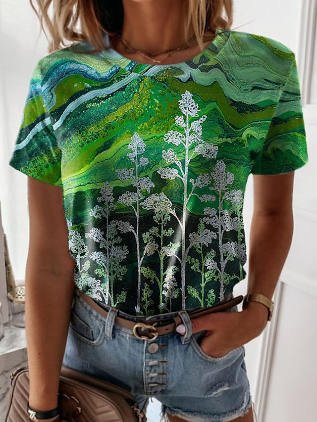 Women's T-shirts Floral Abstract Painting Round Neck Short Sleeve Tops