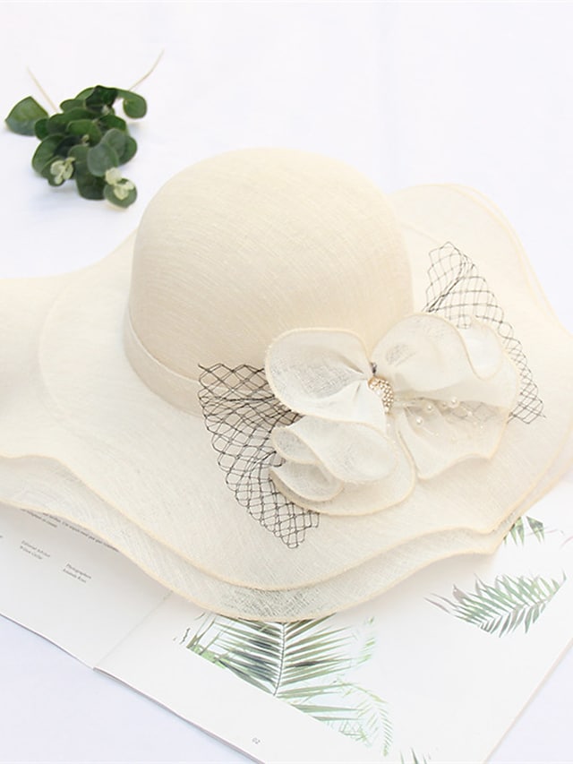 Women's Stylish Bucket Hat Mesh Flower Large Wave Brim Dome Sun Shade Hat