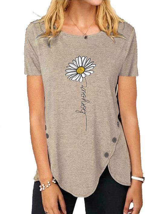 Women's T-shirts Floral Print Round Neck Irregular Button Decoration Hem Tops