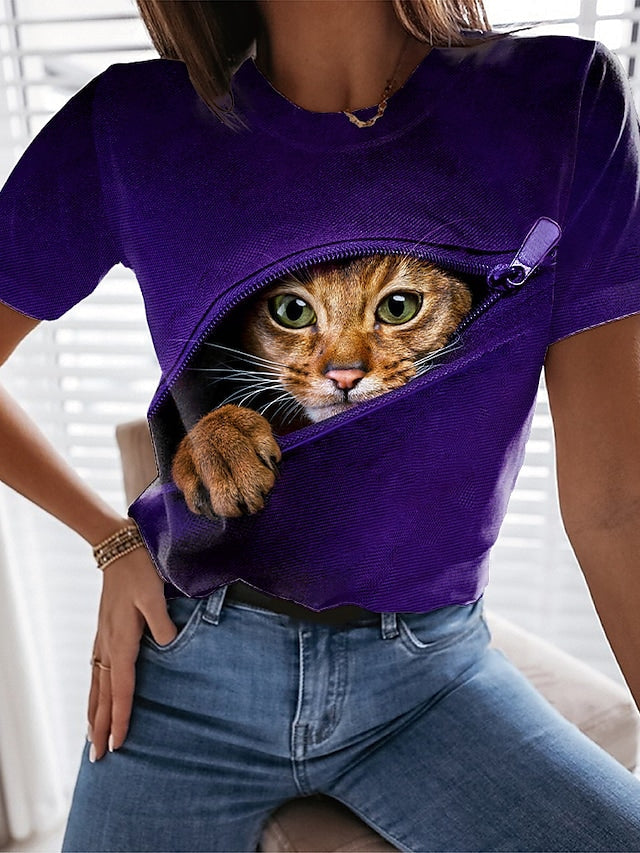 Women's T-shirt 3D Cat Painting Round Neck Short Sleeve Solid ColorTops