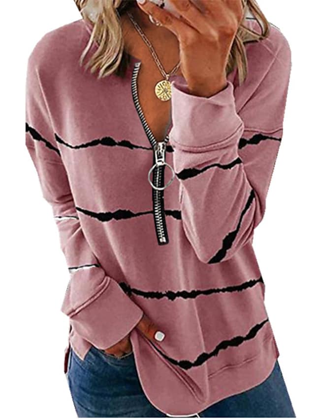 Women's Sweatshirts Striped Zipper Standing Collar Long Sleeve Pullover Tops