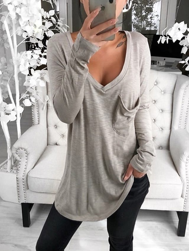 Women's T-shirt Solid Color Pocket V-neck Long Sleeve Loose Tops