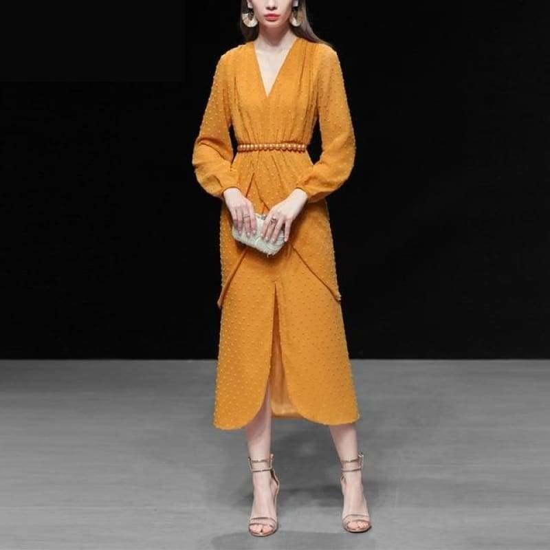 Yellow V Neck Straight High Waist Front Slit Long Sleeve Yellow Midi Dress