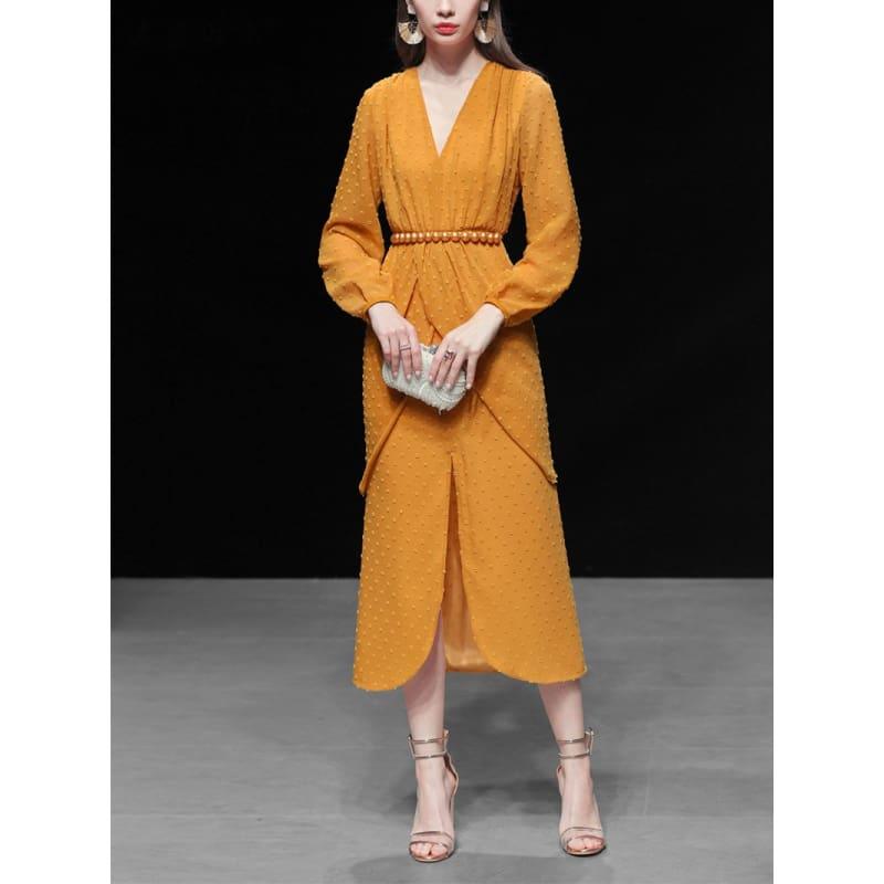 Yellow V Neck Straight High Waist Front Slit Long Sleeve Yellow Midi Dress