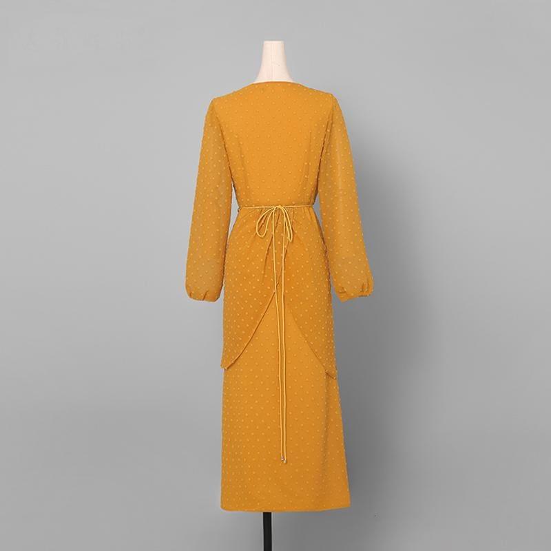 Yellow V Neck Straight High Waist Front Slit Long Sleeve Yellow Midi Dress