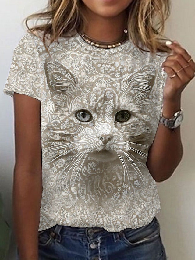 Women's T-shirt 3D Cat Painting Round Neck Basic Short Sleeve Tops