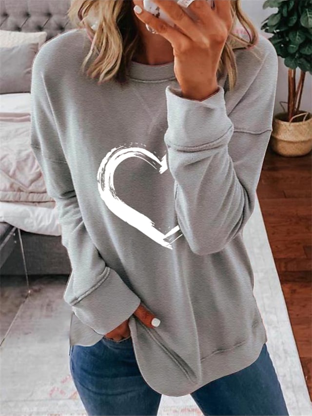 Women's Sweatshirt Heart Print Round Neck Long Sleeve Casual Pullover Hoodies