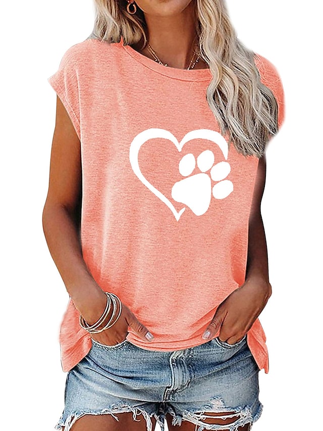 Women's T-shirts Heart Print Round Neck Sleeveless Loose Crop Tops