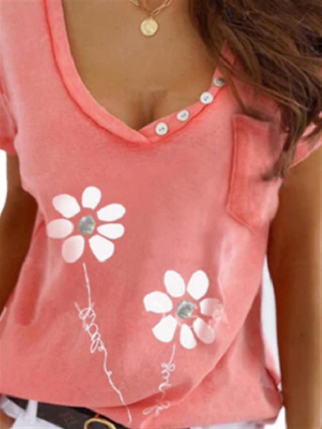 Women's Tops Floral Print Deep V-neck Button Decoration Casual T-shirts