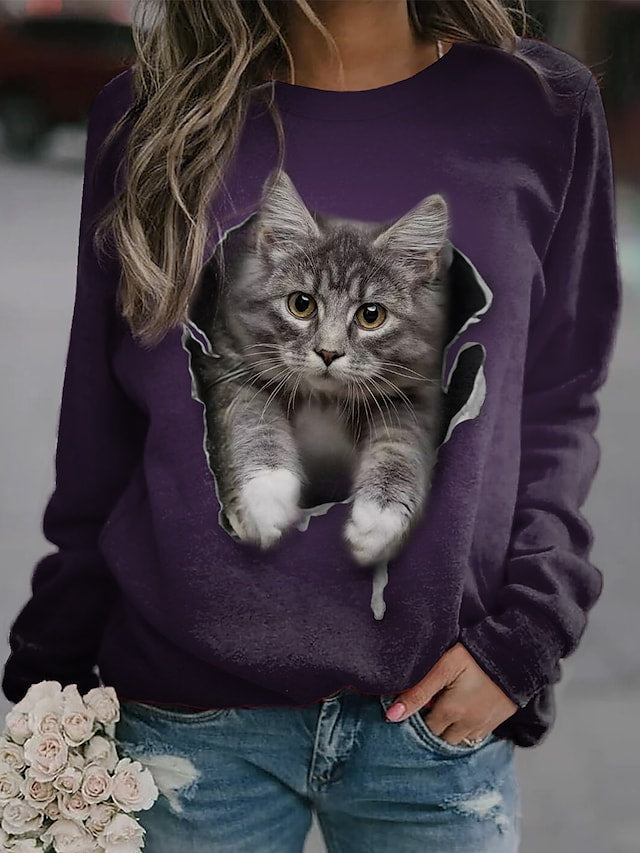 Women's Sweatshirt Cat 3D Print Round Neck Long Sleeve Daily Hoodies