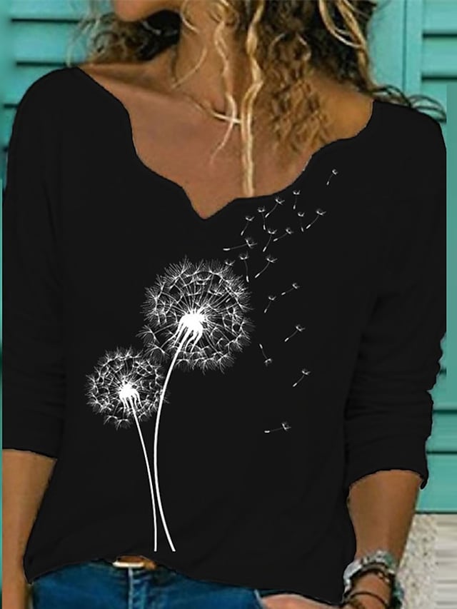 Women's Summer T-shirts Dandelion Print Irregular V-neck Long Sleeve Basic Tops