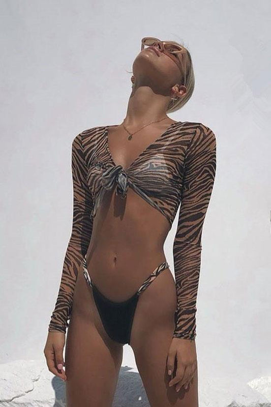 Zebra High Leg Sliding Triangle Bikini Swimsuit - Three Piece Set