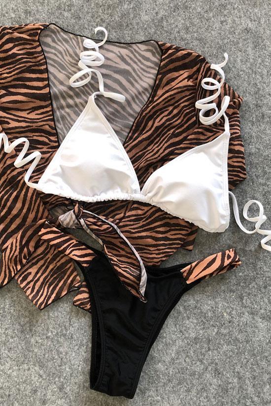 Zebra High Leg Sliding Triangle Bikini Swimsuit - Three Piece Set