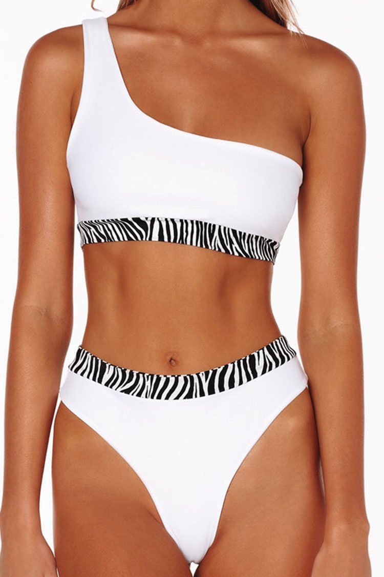 Zebra Print One Shoulder Bikini Swimsuit - Two Piece Set