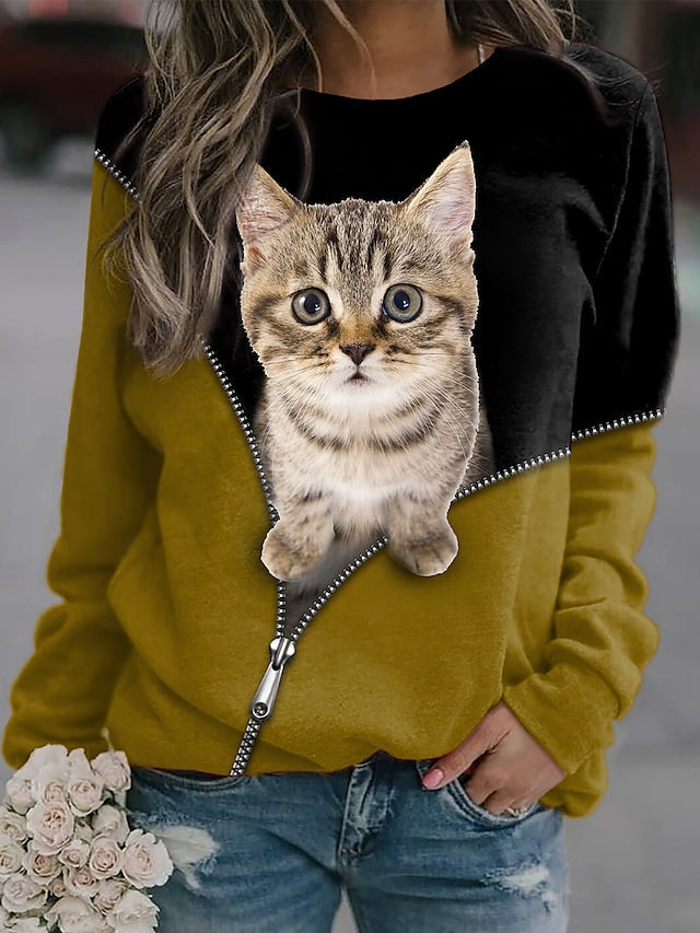 Women's Sweatshirt Cat 3D Print Color Patchwork Casual Streetwear Pullover Hoodies