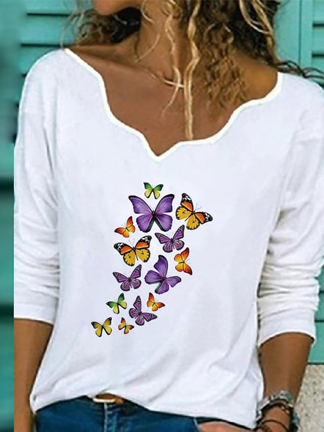 Women's Summer T-shirts Dandelion Print Irregular V-neck Long Sleeve Basic Tops