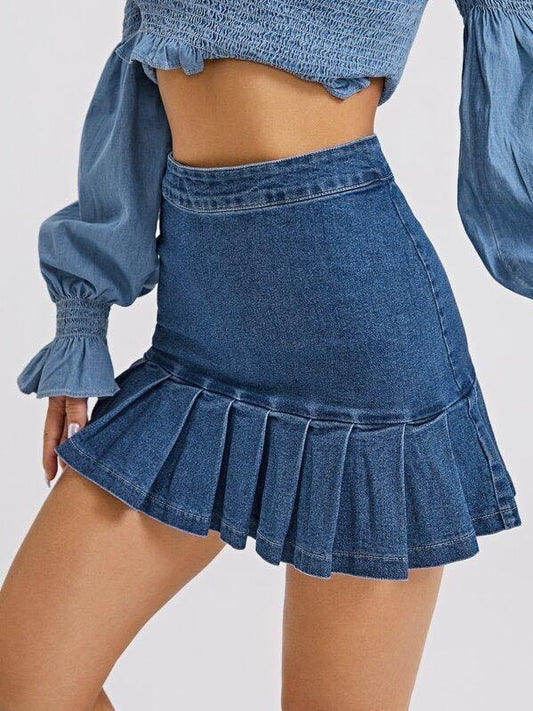 Zip Back Pleated Ruffle Hem Denim Skirt - INS | Online Fashion Free Shipping Clothing, Dresses, Tops, Shoes