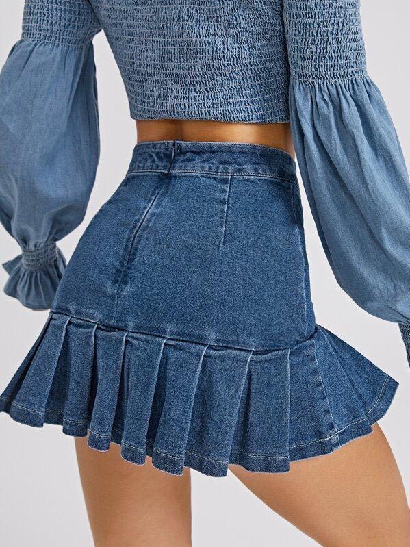 Zip Back Pleated Ruffle Hem Denim Skirt - INS | Online Fashion Free Shipping Clothing, Dresses, Tops, Shoes