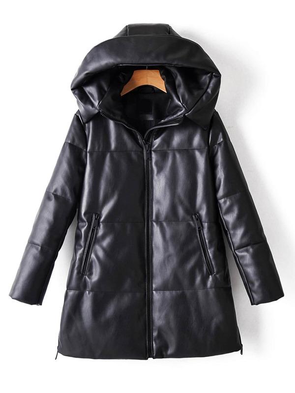 Zip Up Hooded PU Leather Padded Coat - INS | Online Fashion Free Shipping Clothing, Dresses, Tops, Shoes