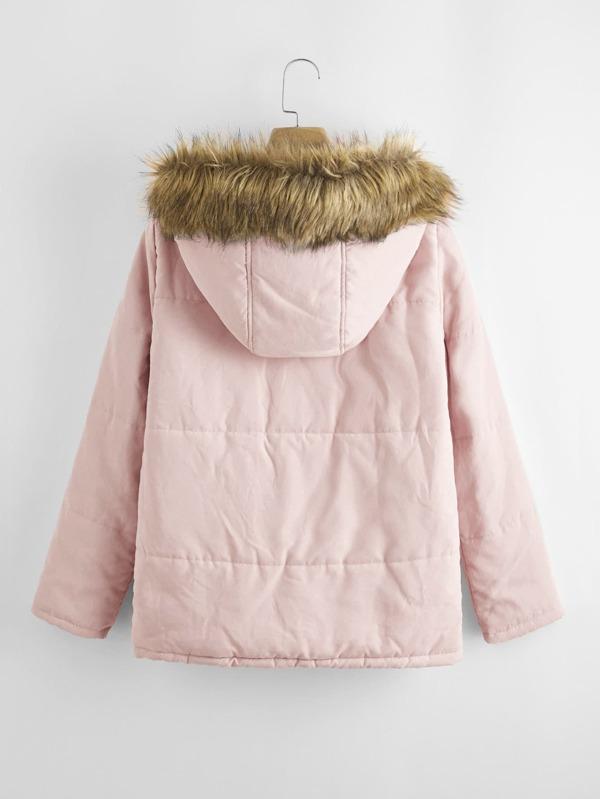Zipper Placket Fuzzy Hooded Puffer Jacket - INS | Online Fashion Free Shipping Clothing, Dresses, Tops, Shoes