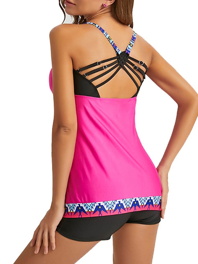 Women's Swimwear Tankini Two Piece Plus Size Open Back Color Block Swimsuit