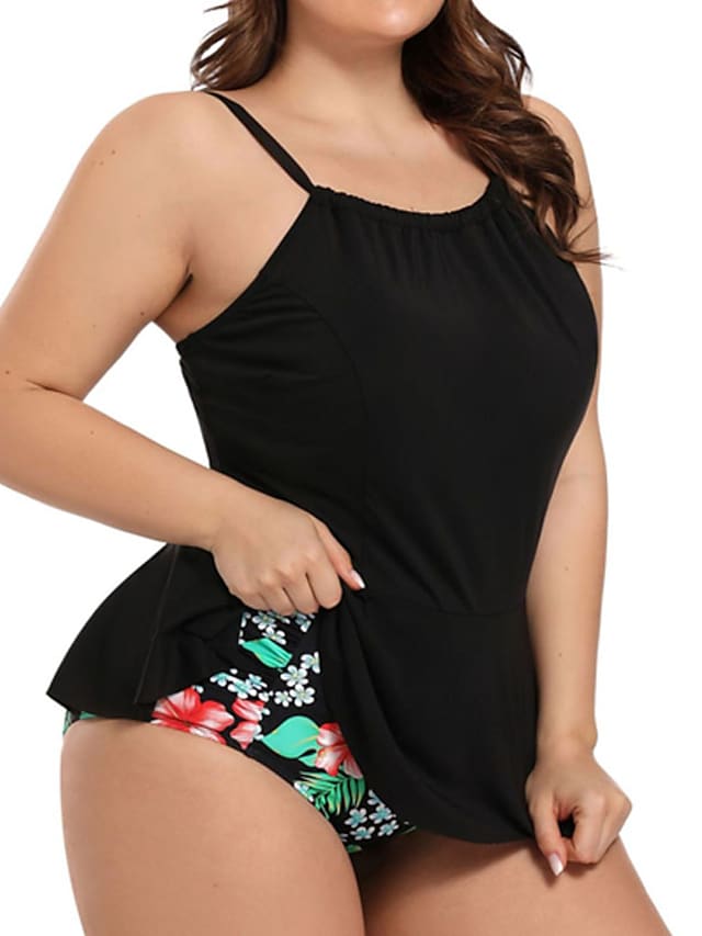 Women's Swimwear Plus Size Tankini Floral Leaf Print Cute Two Piece Swimsuit