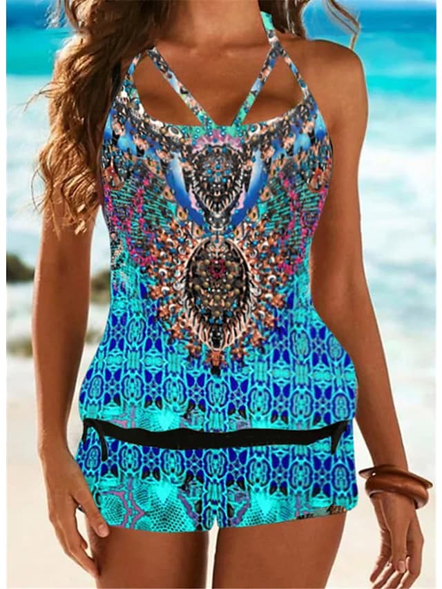 Women's Swimwear Plus Size Open Back Flower Print Camisole Strap Swimsuit