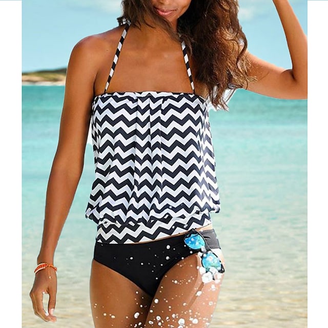 Women's Swimwear Slim Tankini Print Color Block Halter Two Piece Swimsuit